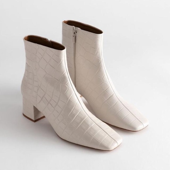 & Other Stories Shoes - & Other Stories Croc Embossed Leather Square Toe Ankle Boots